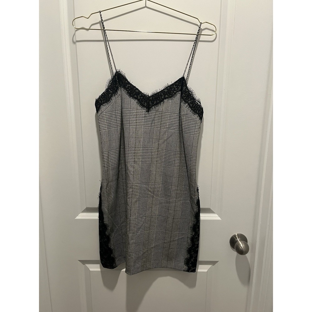 Zara Trafaluc Houndstooth Lace Trim Slip Mini Dress NWT Sz S